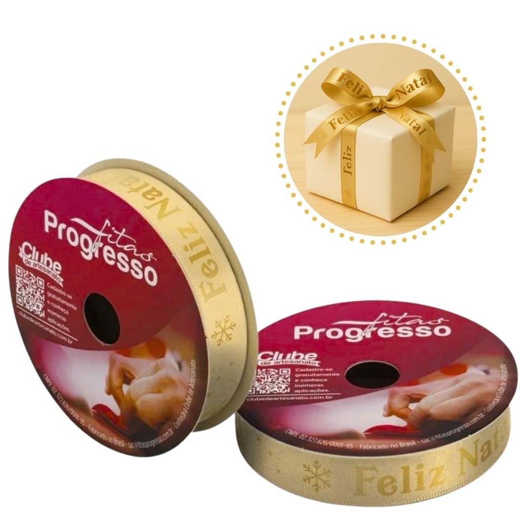 3 ROLO DE 10 METROS DE FITA CETIM 15 MM FELIZ NATAL COR 506- FITAS PROGRESSO(CHOCO)