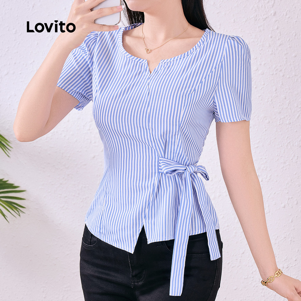 Lovito Elegante Blusa Feminina Com Cadarço Assimétrica Primavera/verão Azul Bord
