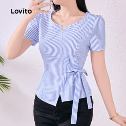 Lovito Elegante Blusa Feminina Com Cadarço Assimétrica Primavera/verão Azul Bordado L137ED845