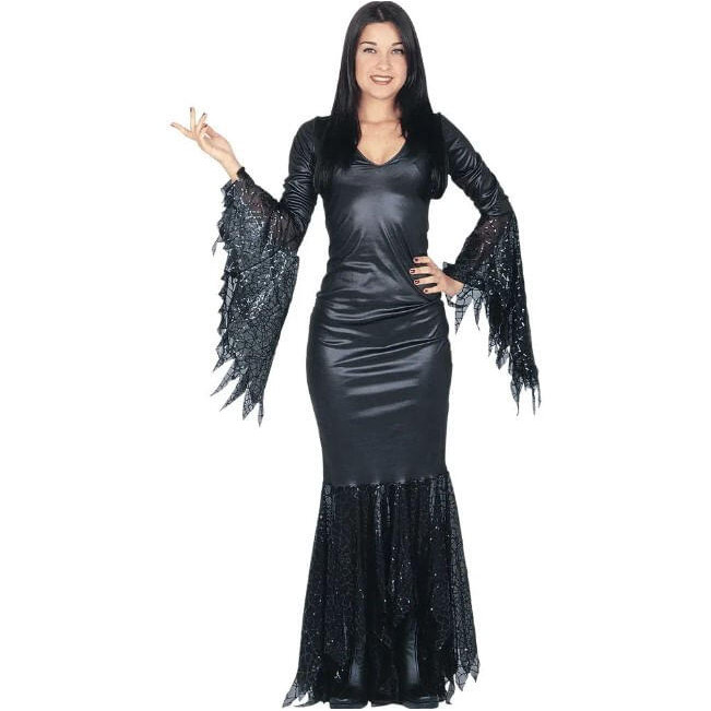 Fantasia Mortícia Addams Adulta Luxo Vestido Preto Halloween em Oferta na Shopee