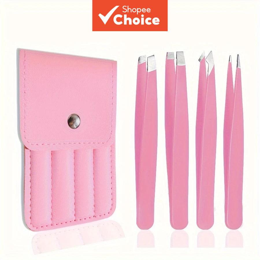 Conjunto de 4 Pinças Rosa com Estojo de Couro PU, Design de Precisão em Aço Inoxidável para Remoção Precisa de Pelos e