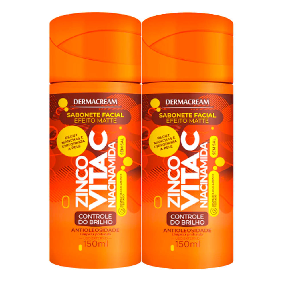 Kit 2 Sabonete Facial Efeito Matte Dermacream Zinco + Vita C Niacinamida Antioleosidade 150ml