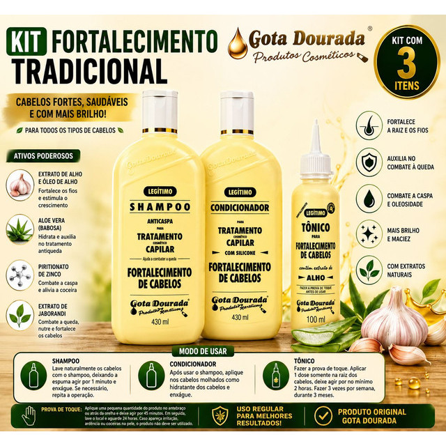 Kit Shampoo e Condicionador 430ml + Tônico Capilar 100ml Tradicional Fortalecimento Gota Dourada