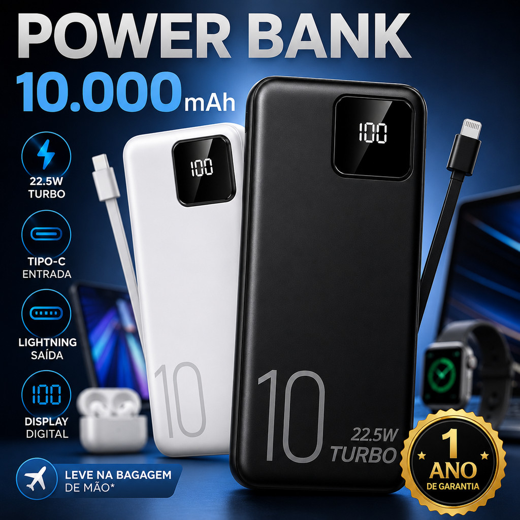 Carregador Portatil Power Bank Turbo 10000mah 2 Cabos Embutidos iPhone Tipo C Universal 22.5W Turbo