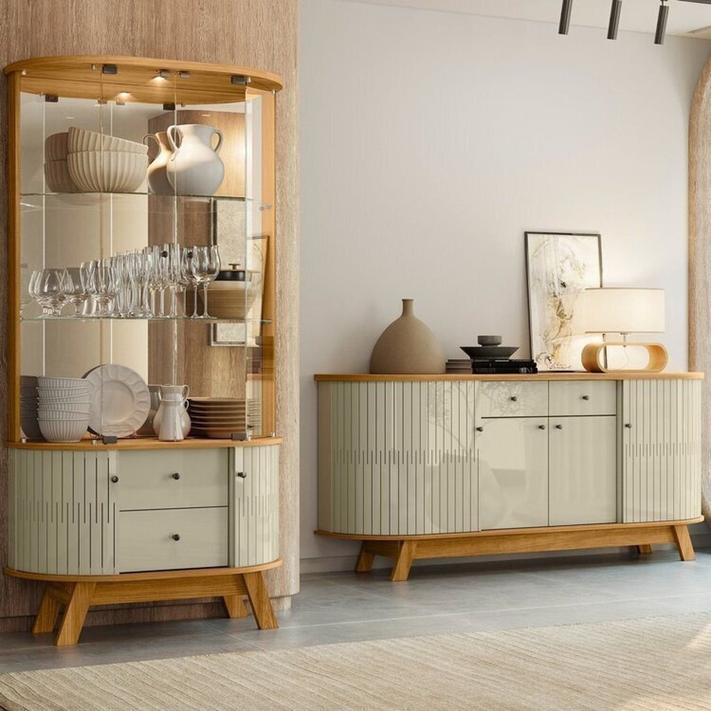 Conjunto Buffet Mônaco Cristaleira Moss Porta Curva Pés Palito MDF com LED e Branco Cumaru/Opala Cumaru/Opala