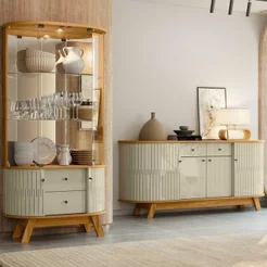 Conjunto Buffet Mônaco Cristaleira Moss com Porta em MDF Curvo em LED Cumaru/Opala