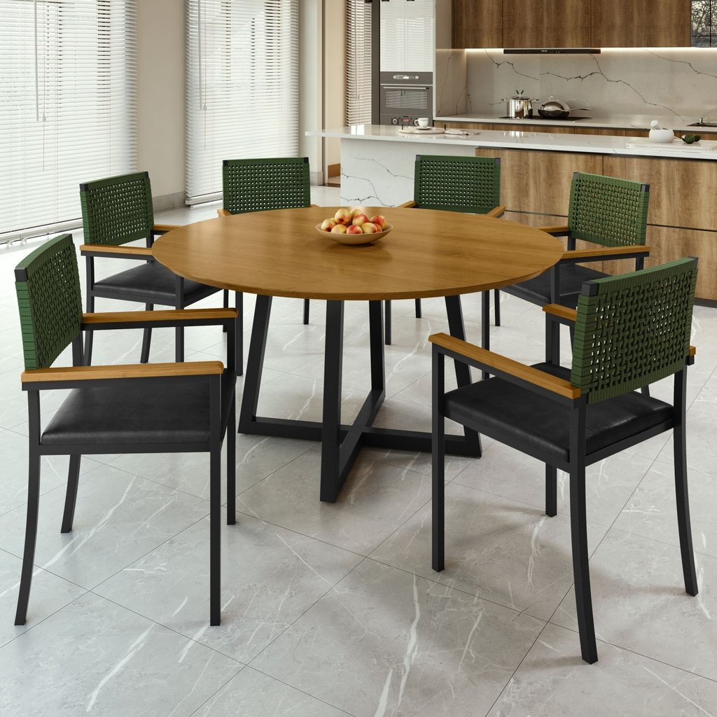 Conjunto Sala de Jantar 6 Lugares Redonda 150cm Tampo Mdf Mesa Coliseu com Cadeiras com Braço Madri Verde/Preto