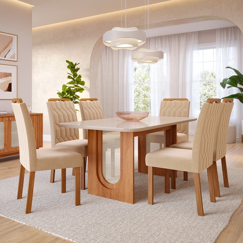 Conjunto Sala de Jantar 6 Lugares com Mesa Oval Valentina e 6 Cadeiras em Madeira Maciça