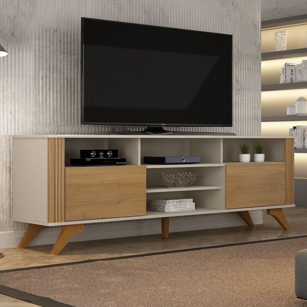 Rack para TV até 65 Polegadas MDF 180cm Pés em Madeira Maciça Mariana Marrom Off White/Cinamomo Off White/Cinamomo
