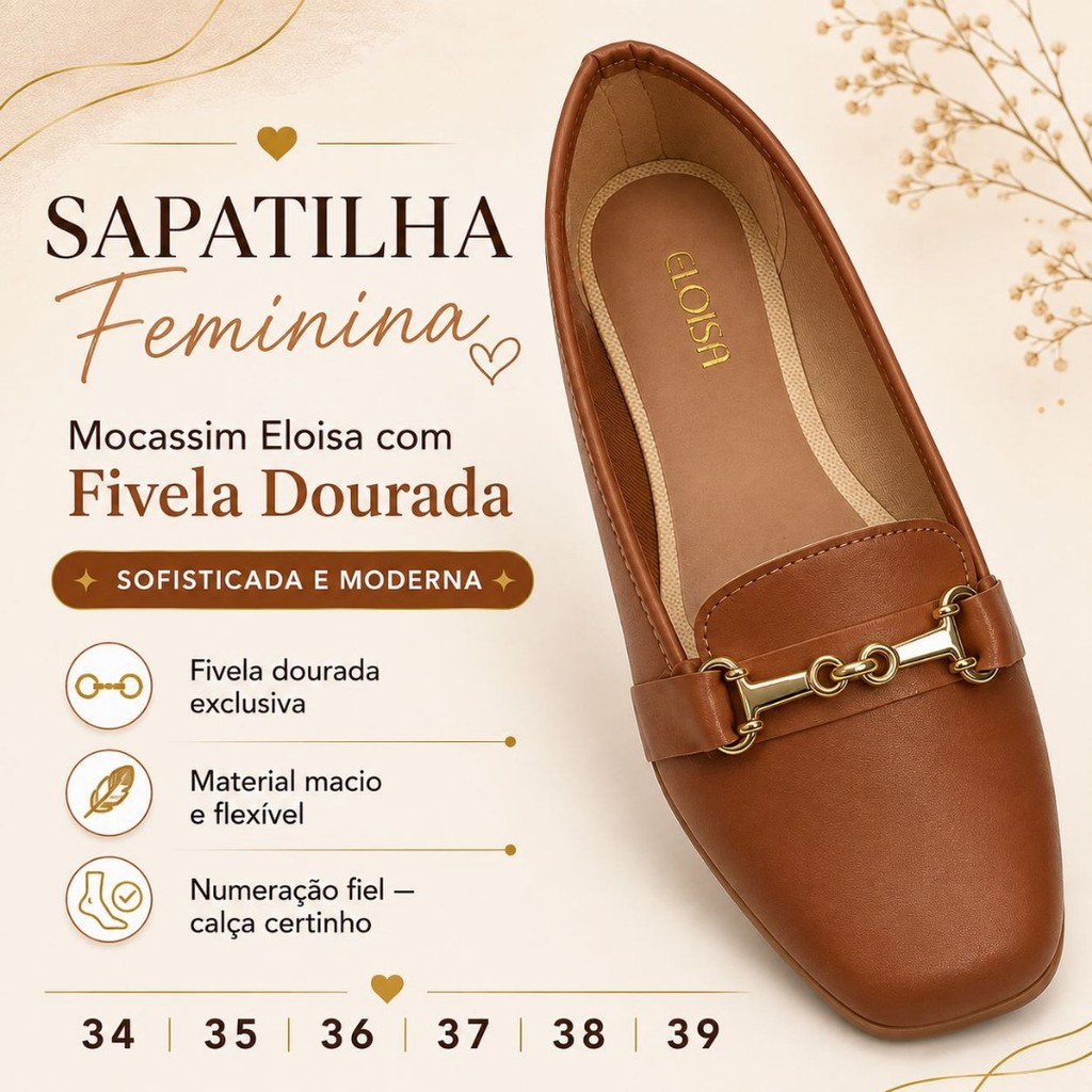 Sapatilha Mocassim Feminina Confortável Bico Redondo Napa Detalhe Dourado Salto Baixo