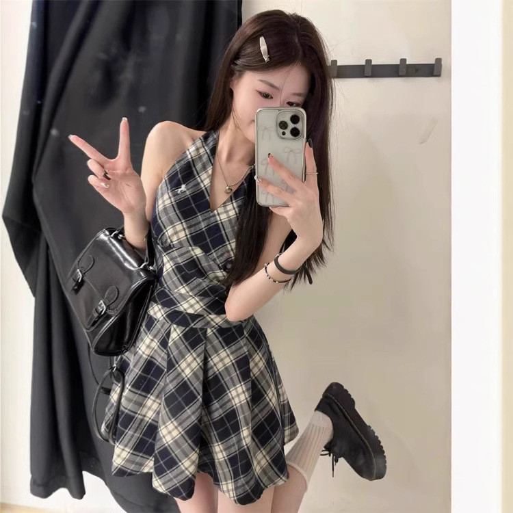 Vestido feminino xadrez preto e branco com decote halter, vestido de verão vintage sem mangas com decote em V, vestido c