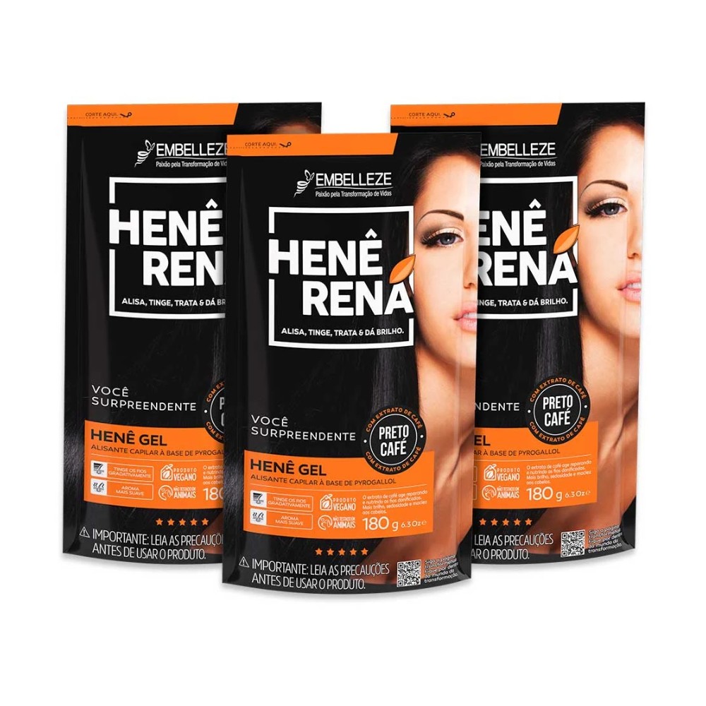 Kit 3 Henê Embelleze Rená Preto Café 180g