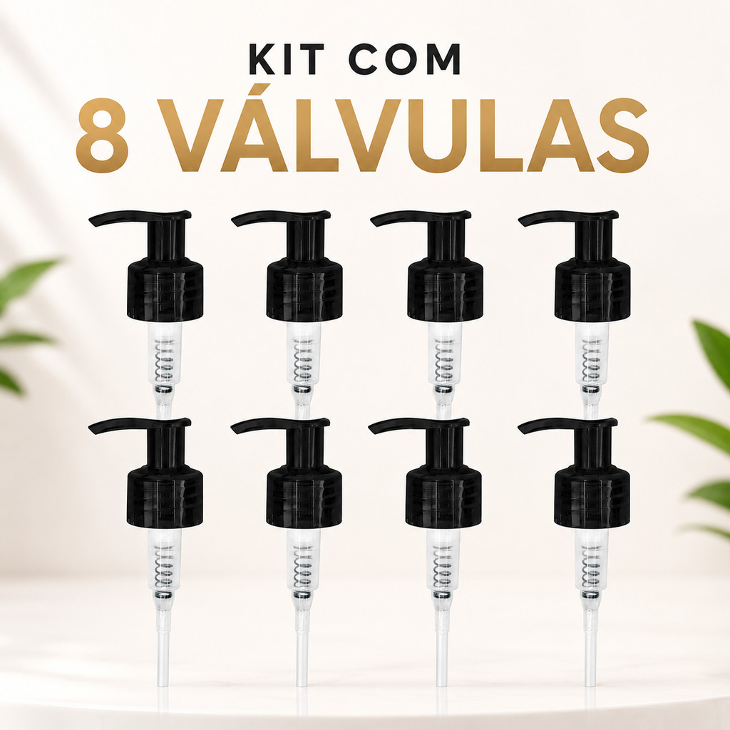 Kit 8 Válvulas Pump Dosadora Preta 28/410 | Ideal para Shampoo, Condicionador e Creme