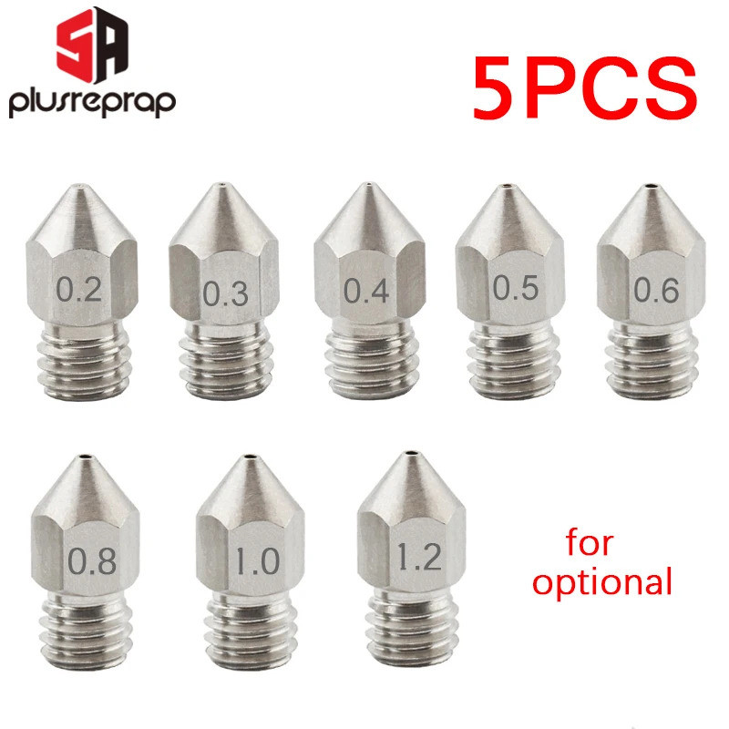 5 Peças Bico MK8 0.2mm 0.3mm 0.4mm 0.5mm 0.6mm Rosca M6 Aço Inoxidável para Filamento de 1.75mm Cabeça de Impressão Extr
