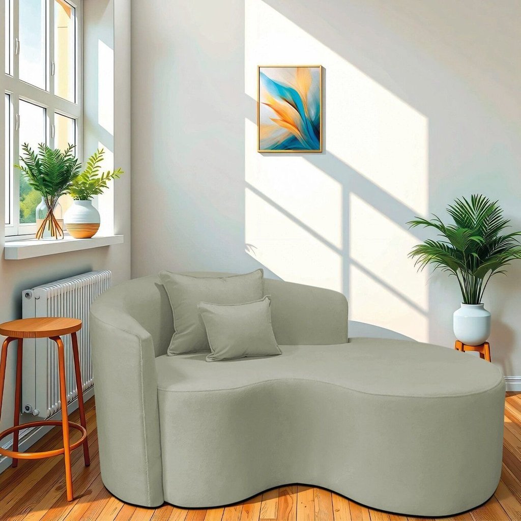 Recamier Curvo Orgânico 150cm 2 Lugares Lado Direito para Sala de Estar Bouclé Londres Verde Oliva Verde Oliva