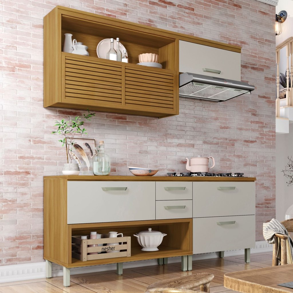 Cozinha Modulada 3 Peças Ripado Princesa 100% MDF Marrom/Freijó/Offwhite Freijó/Off White