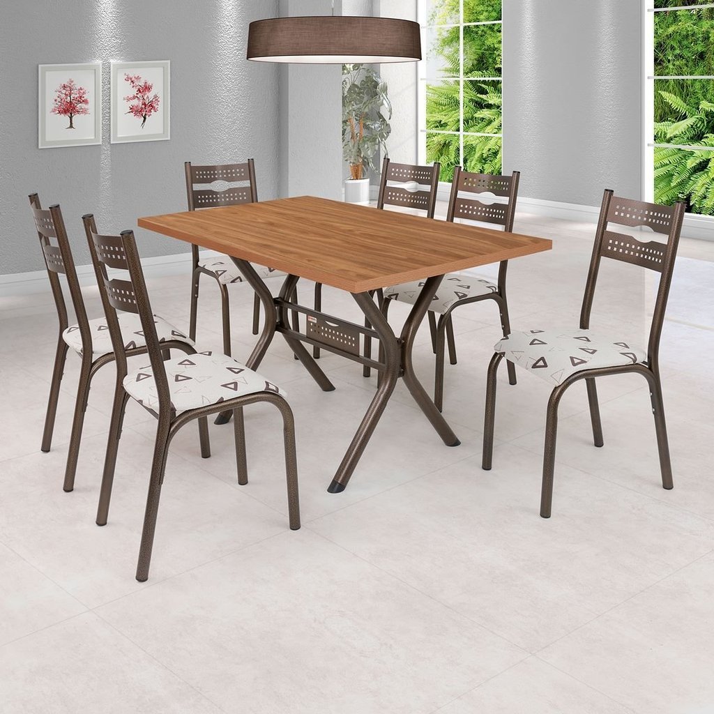 Conjunto de Mesa com 6 Cadeiras Luna Marrom/Bronze/Bege Geométrico Bronze/Bege Geométrico