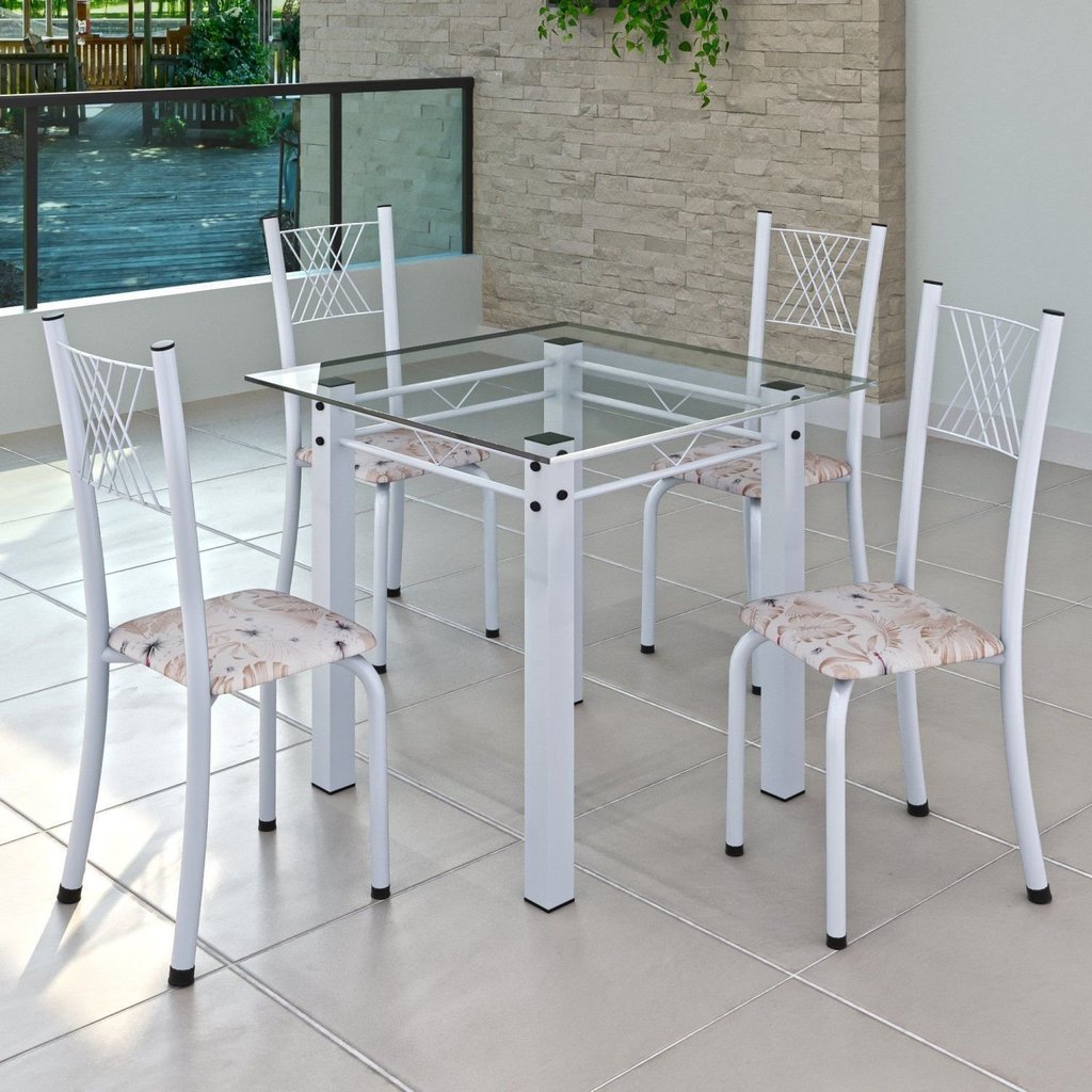 Conjunto de Jantar Mesa 75x75cm Tampo de Vidro Incolor com 4 Cadeiras Sara Yescasa Branco/Botanic Bege Botanic