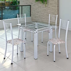 Conjunto de Jantar Mesa 75x75cm Tampo de Vidro Incolor com 4 Cadeiras Sara Yescasa Branco/Botanic Bege Botanic