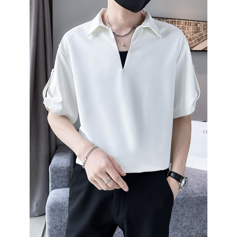 Falso de duas peças de manga curta masculina verão Street Wear plâncton bonito gelo seda com decote em V camiseta mascul