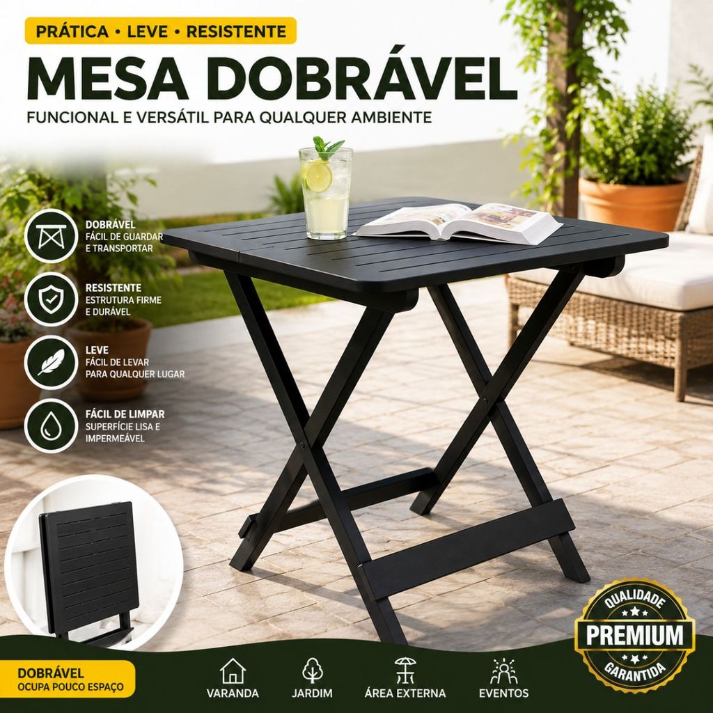Mesa Dobrável Quadrada  Preta  Plástico Multiuso Mesa de Bar Churrasqueira 80x72x70cm