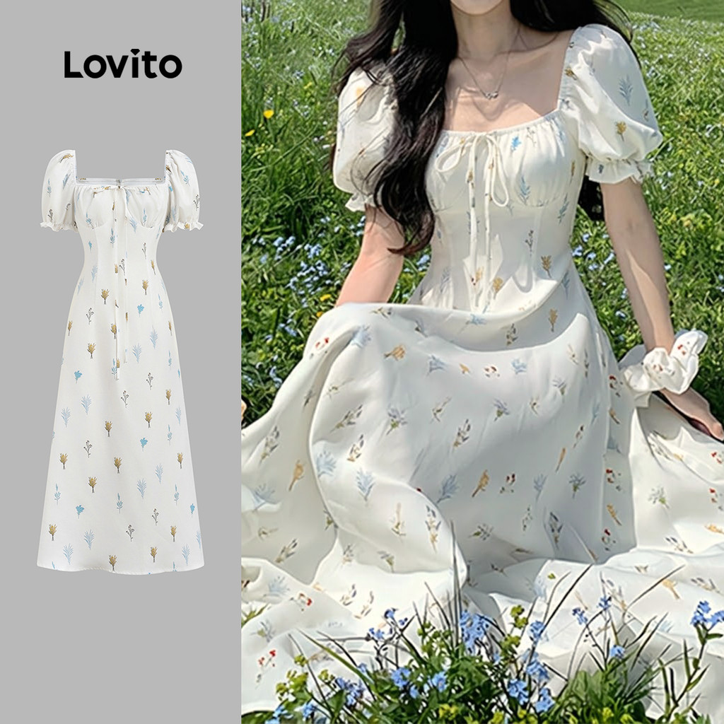 Lovito Padrão de Vestido Casual Flores Estrutura Linha Primavera/verão Vestido para Mulheres LK4AD212