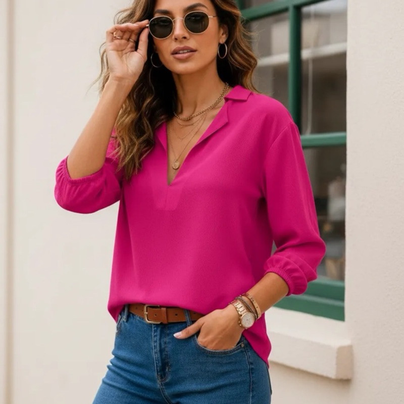 Blusa Feminina Manga 3/4 Modelo Varias Cores Moda Evangelica Detalhe em V Social Tendência