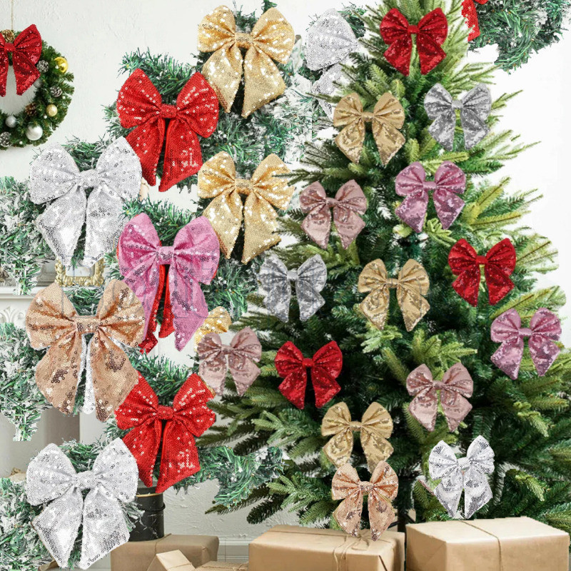 [Feliz Natal] Pingente Pendurado De Guirlanda De Árvore De-Laço Brilhante Arco De Lantejoulas Amarrado Colorido-Caixa De