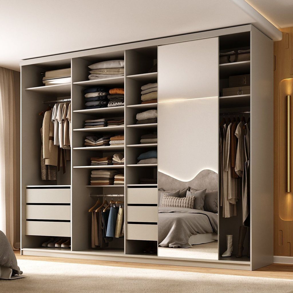 Guarda-Roupa Closet Casal 100% MDF BP 277,7cm com 1 Porta Espelho 6 Gavetas Sion Bege/Panna Panna