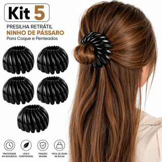 Kit 5 Prendedores de Cabelo Tipo Ninho de Pássaro Retrátil para Coque e Rabo de Cavalo