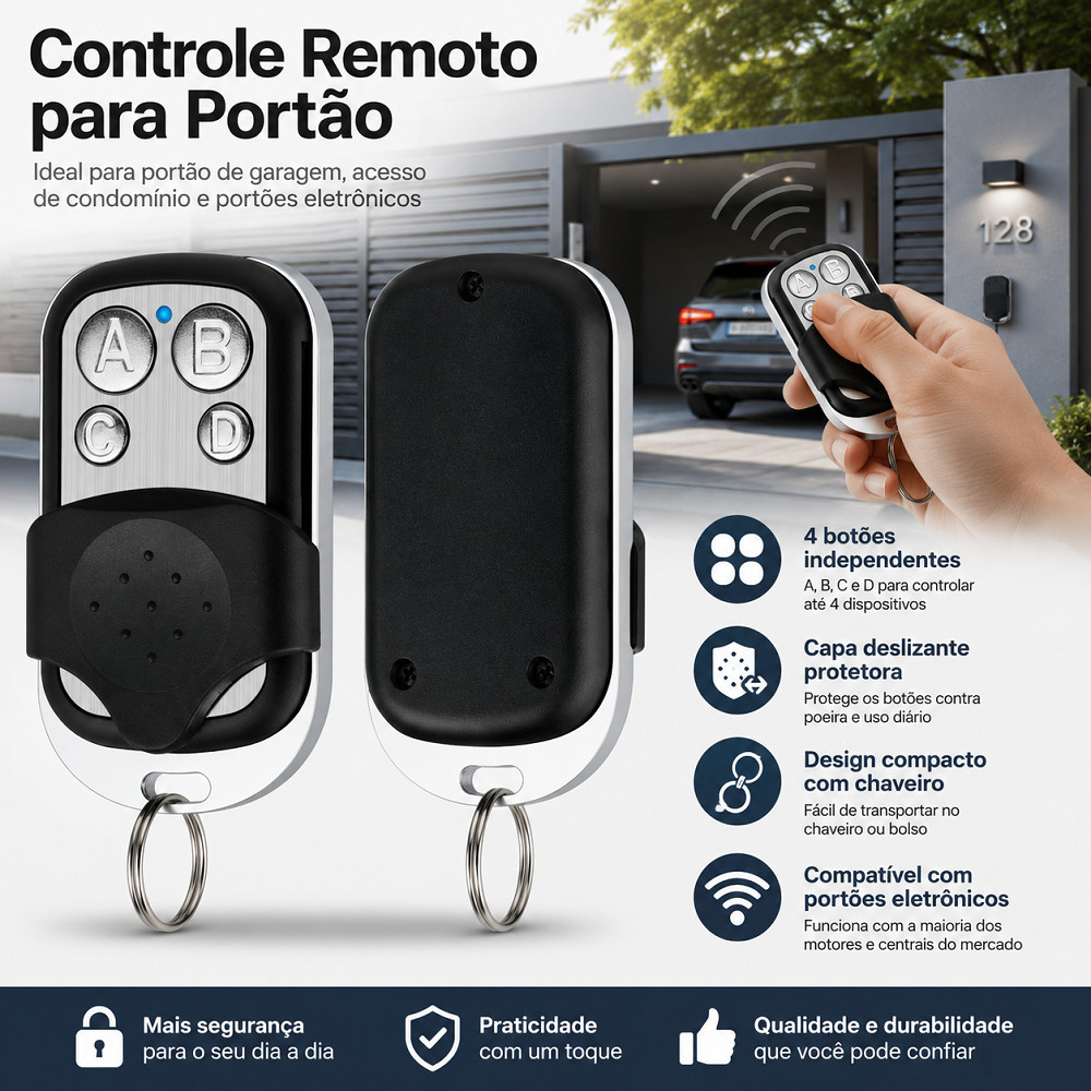 Detalhes do Controle Remoto Portão Automático Universal 4 Botões para Garagem Residencial Abrir Portão Elétrico Eletrônico Completo