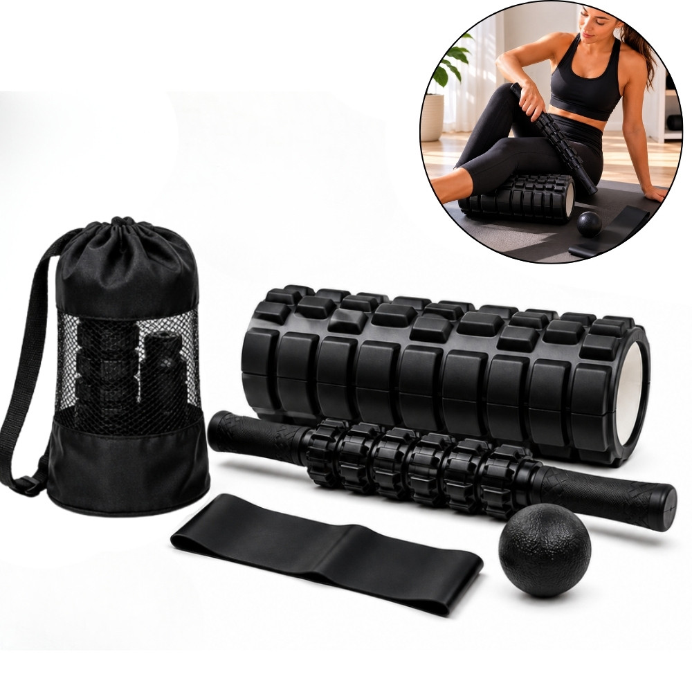 Kit Massagem 4 em 1 com Rolo Bastão Miofascial Bola Lacrosse Faixa Bolsa Yoga Pilates Crossfit LIVVO