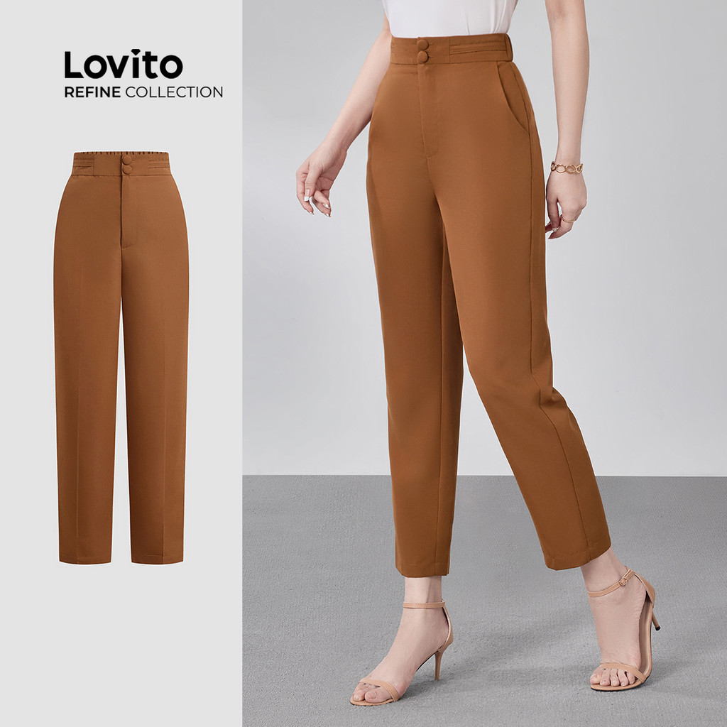 (New) (Lovito Refine) Calça Elegante Pregueada Simples de Primavera/verão em Caqui para Mulheres LR18E2D016 em Oferta na Shopee