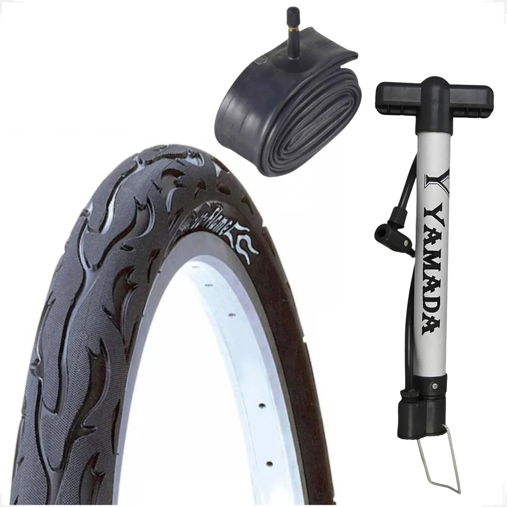 Pneu Bicicleta Kenda Flame Balão Aro 24 x 2.125 Liso Fogo + Camara Shiver + Brinde Bombinha de ar
