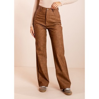 Calça Wide Leg Couro Sintético Feminina Marrom Cintura Alta Couro Casual Tendência Atemporal PKD