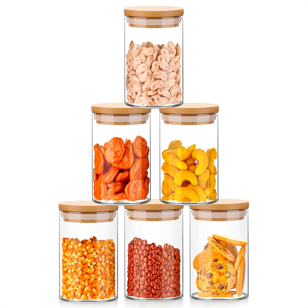 Potes Herméticos Vidro 300ml Kit 6 com Tampa Bambu Vedação Silicone Cozinha Organizada