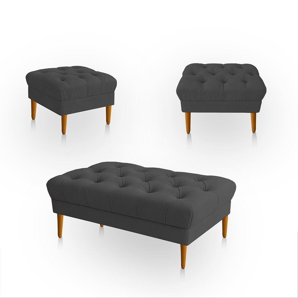Kit 3 Puff Retrô Luiz XV Capitonê Retangular  Estofado Decorativo Sala de Estar Suede Cinza Escuro