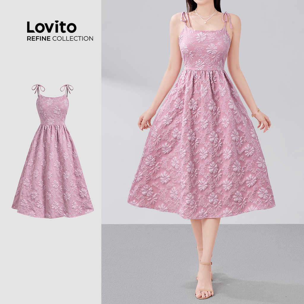 (New) (Lovito Refine) Vestido Elegante de Renda com Laço Jacquard Primavera/verão Vestido Rosa para Mulheres LR18ED016 em Oferta na Shopee