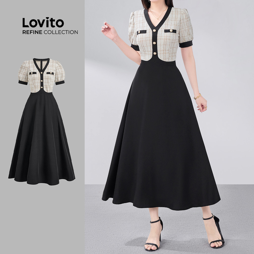 (New) (Lovito Refine) Vestido Elegante com Bolso Falso Botão Vestido de Primavera/verão para mulheres LR18ED034 em Oferta na Shopee