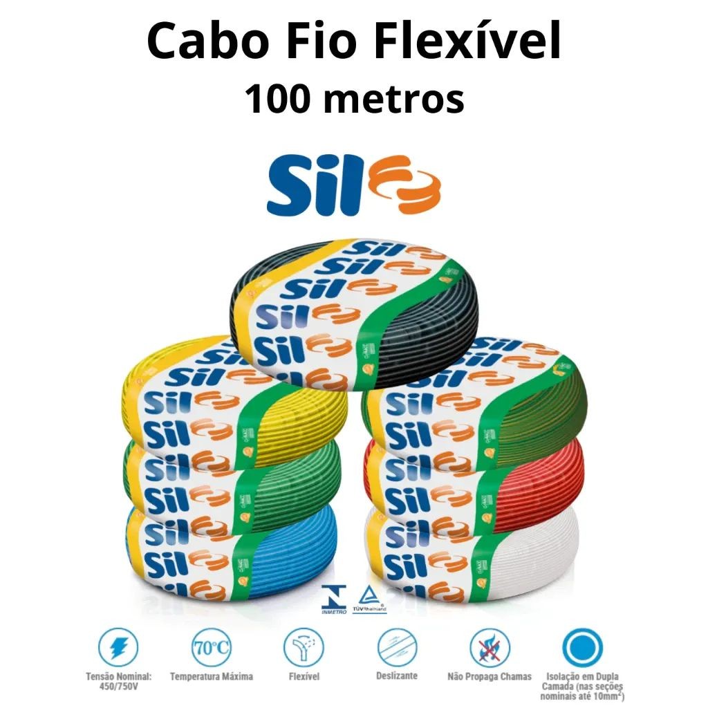 Cabo Flexível Sil 10mm² Anti Chama 750v Colorido 100 Metros