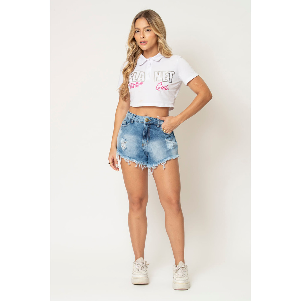 Short Feminino Desfiado Larissa Planet Girls Azul Médio em Oferta na Shopee