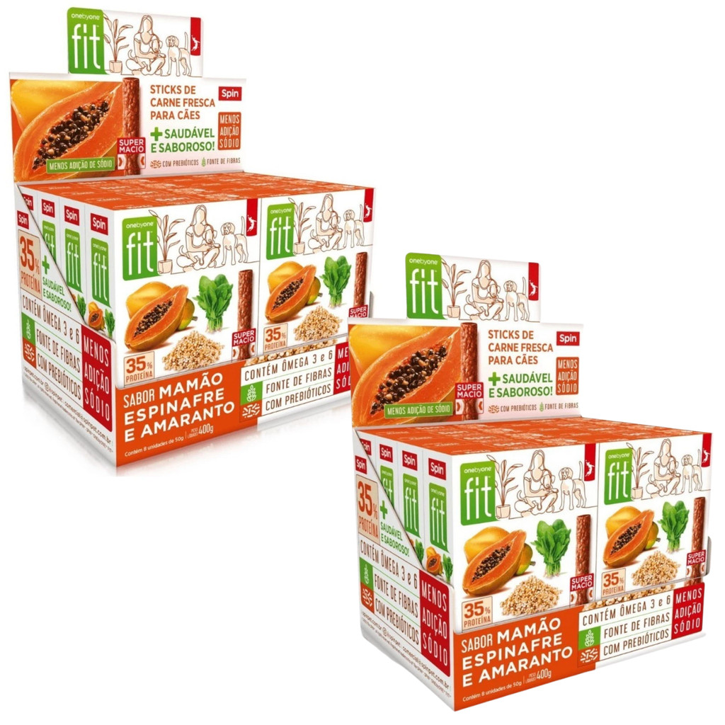 Kit 2 Displays Petiscos Para Cães Stick Fit Spin Pet - 50g - Mamão + Espinafre + Amaranto 8un