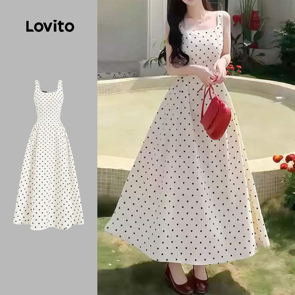 (Elegante) Lovito Vestido Plissado Primavera/verão Preto e Branco para Mulheres 