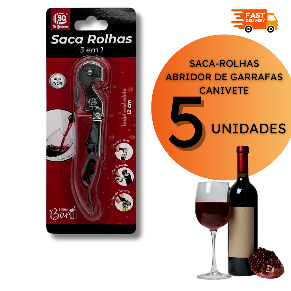 Conjunto de Saca Rolhas 3 em 1 Abridor Garrafas Mini Canivete Aço Inox Bar Restaurante