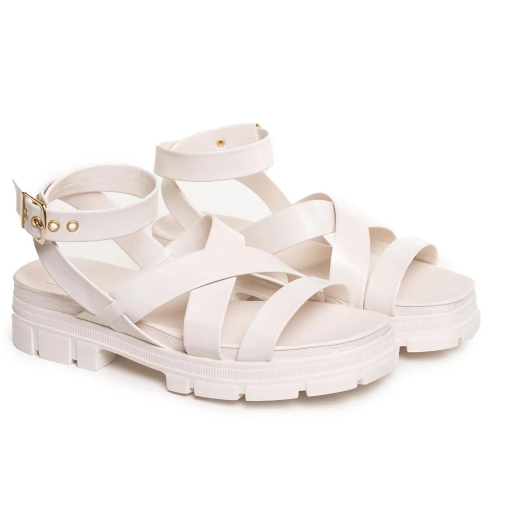 Detalhes do Sandália Feminina Tratorada Amarração Moleca Branco Off