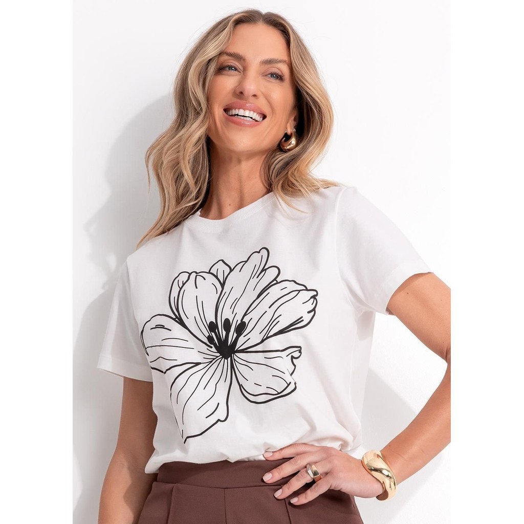 Blusa Em Malha De Algodão Flor Preta Em Relevo Quintess em Oferta na Shopee