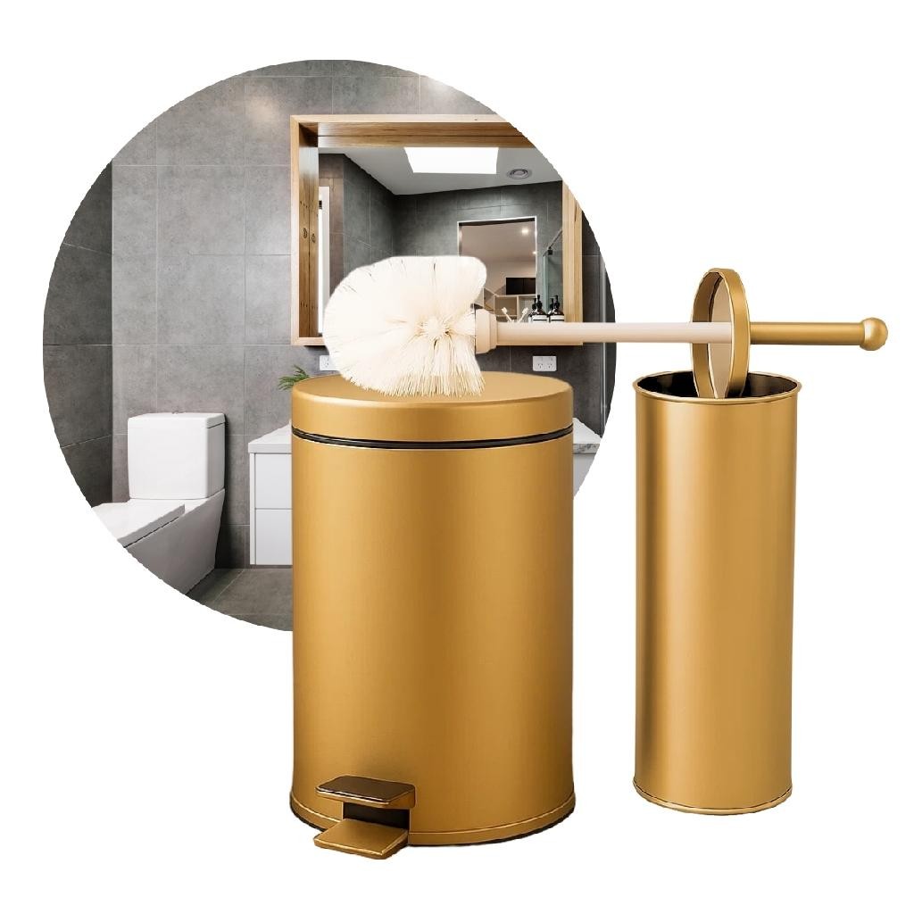 Lixeira Inox 5l + Escova Sanitaria Dourada Aço Inox