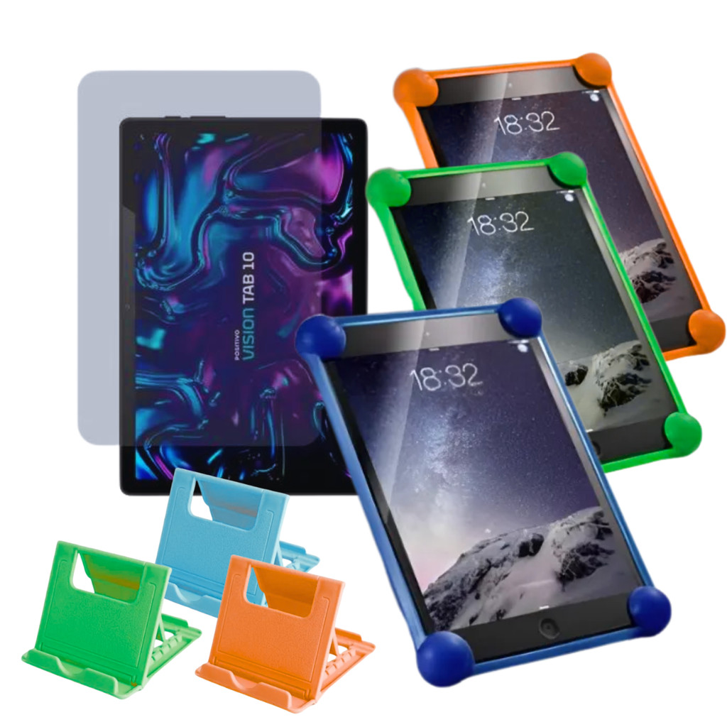 Capa Infantil P/ Tablet Positivo Vision Tab 10 + Película + Suporte de Mesa