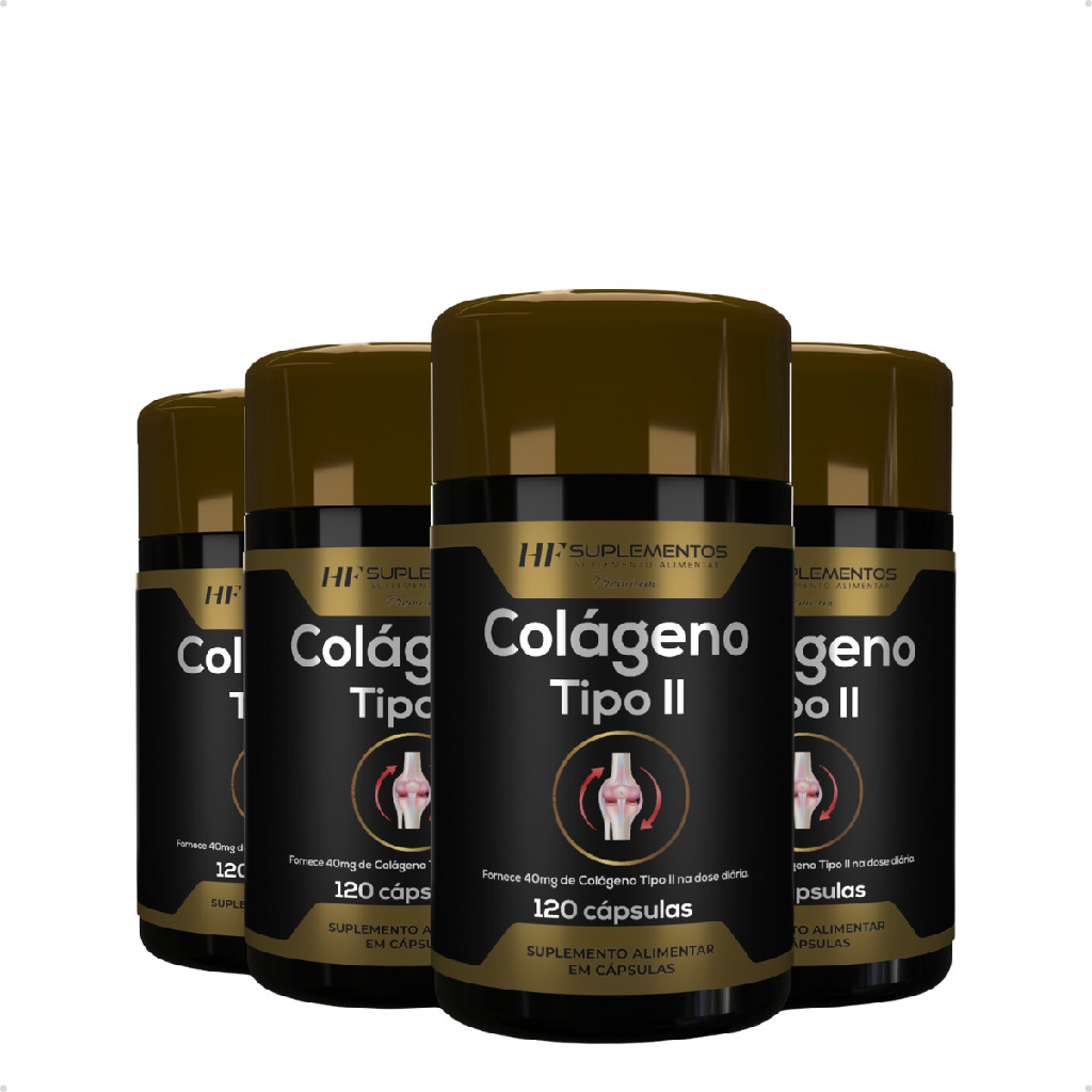 Kit 4 Potes Colágeno Tipo II 120 cápsulas HF Suplementos – Suporte às articulações e bem-estar!