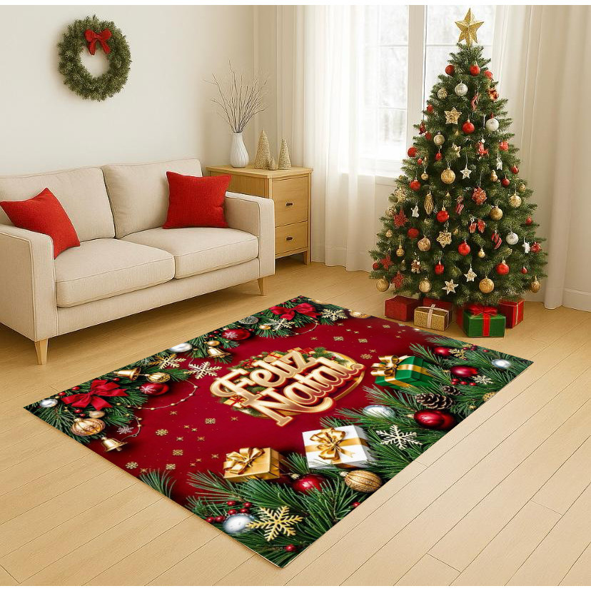 Tapete 1,00x1,40 Natal MERRY CHRISTMAS Estilo Natalino Antiderrapante Retangular Decoração Casa Sala Quarto Festa